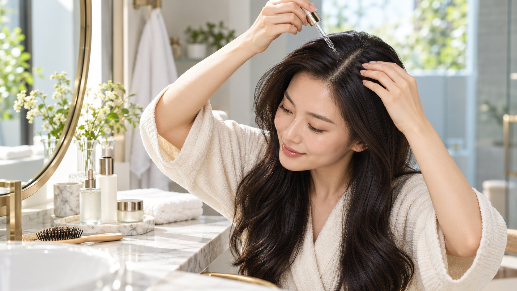 가르마를 나눠 두피에 세럼을 직접 바르는 여성의 두피 홈케어 모습
