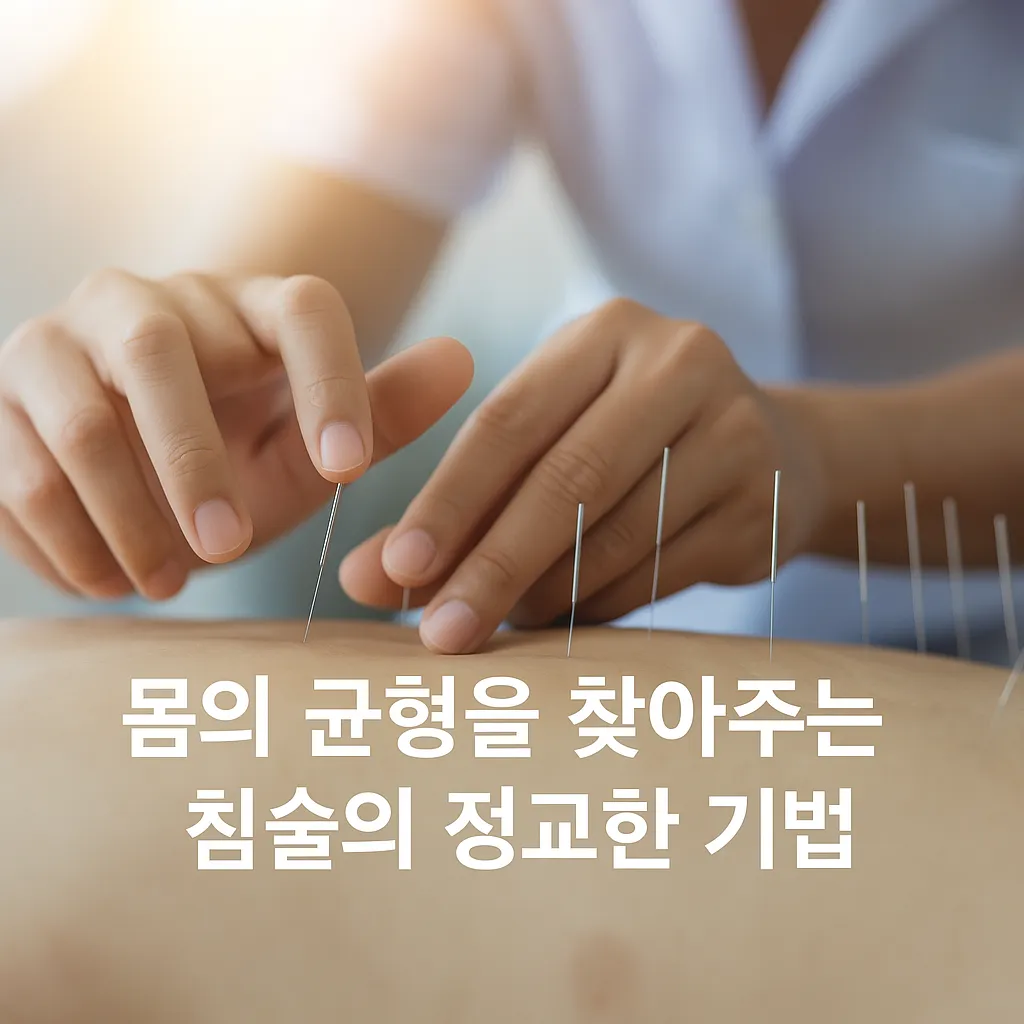 등을 따라 연결된 주요 경락과 경혈 위치를 보여주는 침 치료 설명 이미지