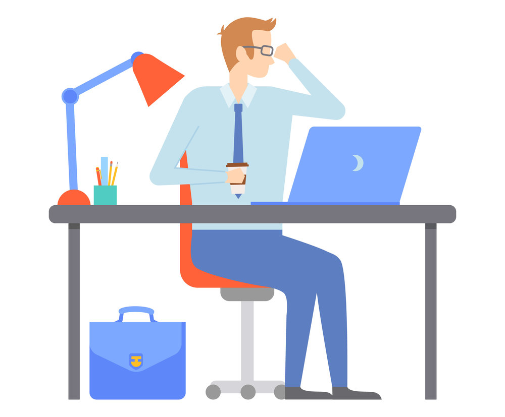 사업자 등록 후 세금과 절세 문제를 고민하는 직장인 일러스트, 책상에 앉아 노트북을 보는 모습