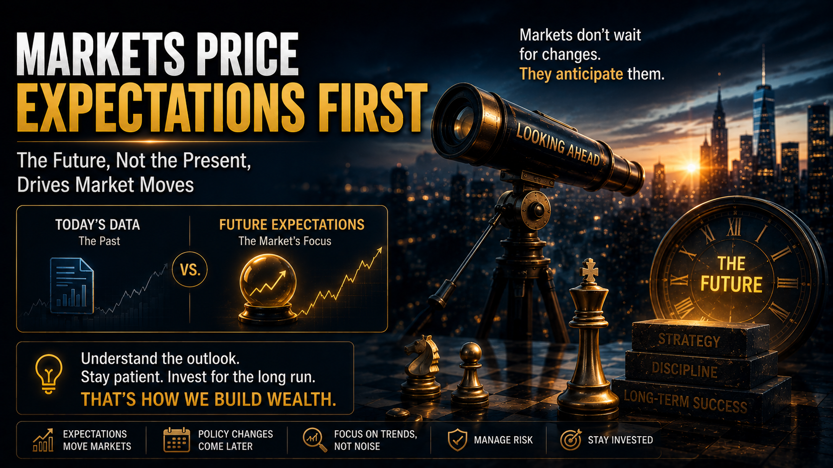 Illustration showing that financial markets price future expectations before central bank policy changes, emphasizing long-term investment strategy.