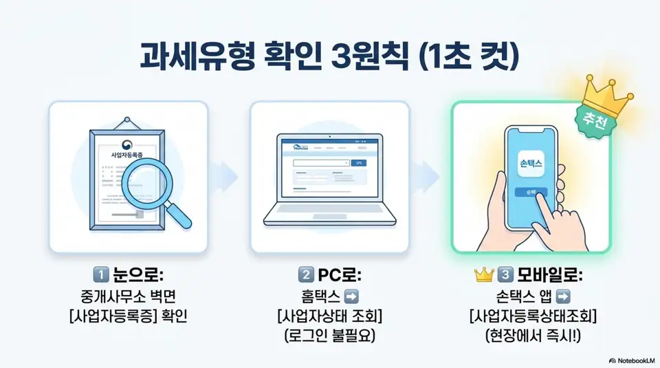 복비 부가세: 과세유형 확인 3원칙으로 사업자등록증 눈으로 확인, 홈택스에서 사업자상태 조회(로그인 불필요), 손택스 앱으로 현장에서 즉시 조회하는 3가지 방법을 단계별로 설명한 인포그래픽 이미지. 이 이미지는 복비 부가세 확인을 위한 과세유형 조회 방법과 관련된 내용을 설명함