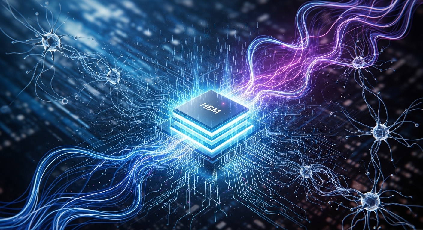 SK하이닉스의 HBM 반도체 기술력을 상징하는 미래 지향적인 이미지.