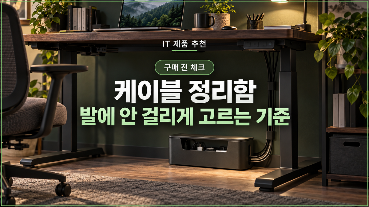 책상 아래 케이블 정리함과 작업 공간을 보여주는 대표 이미지