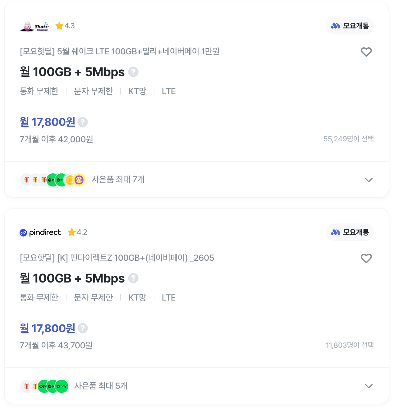 모요 알뜰폰 요금제 비교 화면으로 LTE 100GB 요금제와 월 요금, 할인 기간, 통신망 정보를 확인할 수 있는 예시 이미지입니다.