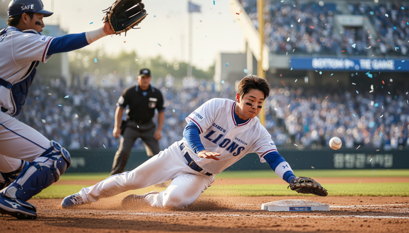 삼성 라이온즈 김지찬 선수의 트레이드 루머에 대한 진실을 파헤치는 기사의 대표 이미지. 야구 경기 중 역동적인 김지찬 선수의 모습이 루머의 긴장감과 중요성을 암시합니다.