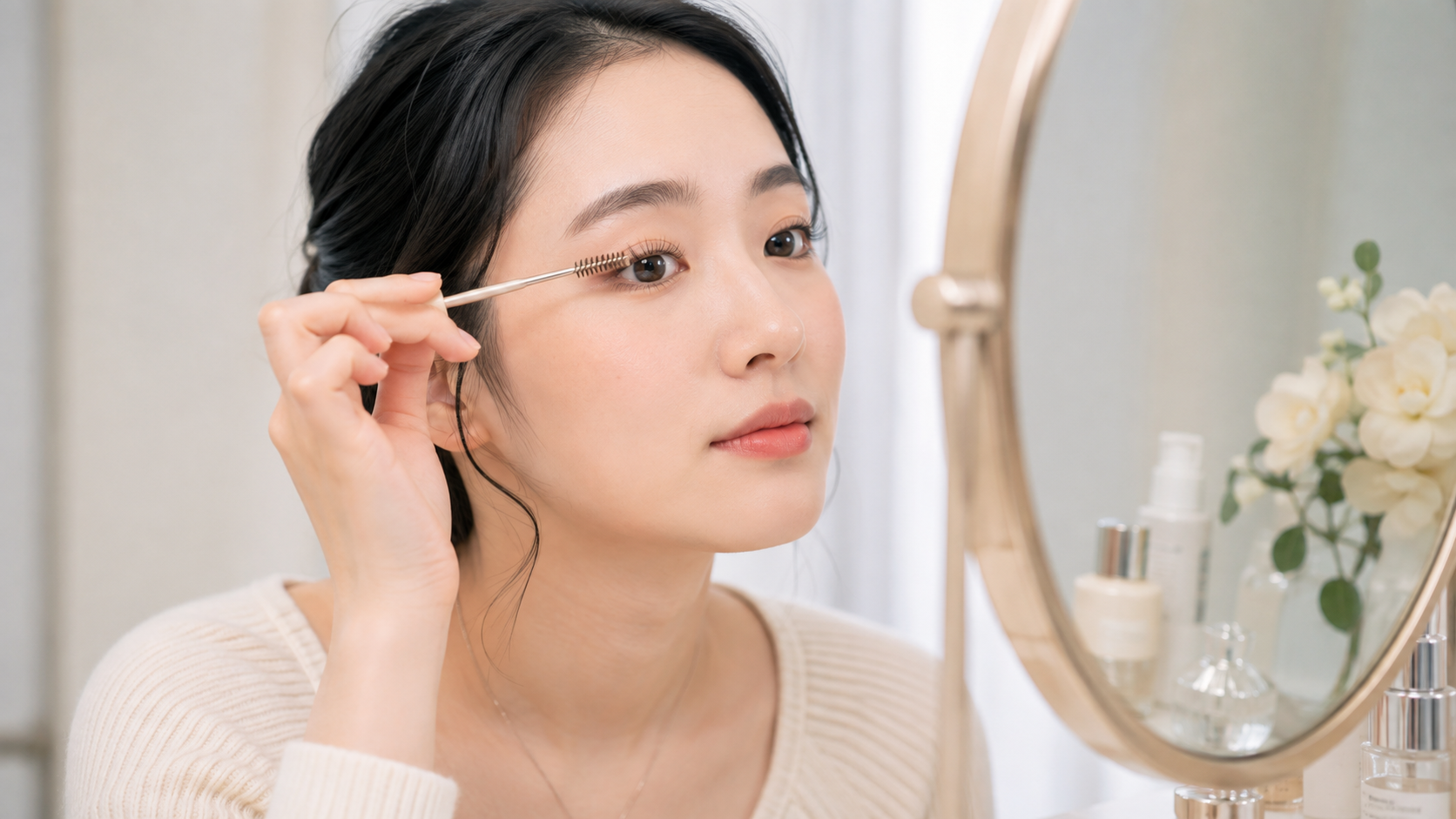 거울 앞에서 스크류 브러시로 속눈썹 결을 정리하는 셀프 관리 장면