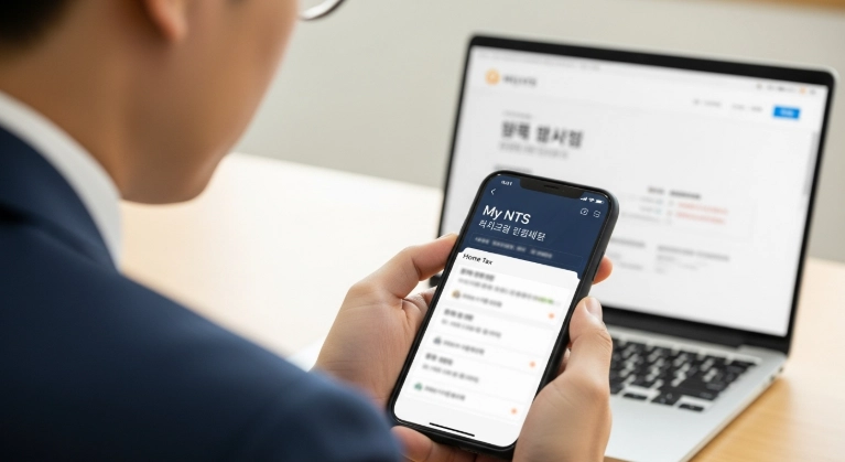 스마트폰과 노트북으로 연말정산 간소화 자료를 꼼꼼히 확인하는 한국인 남성의 손