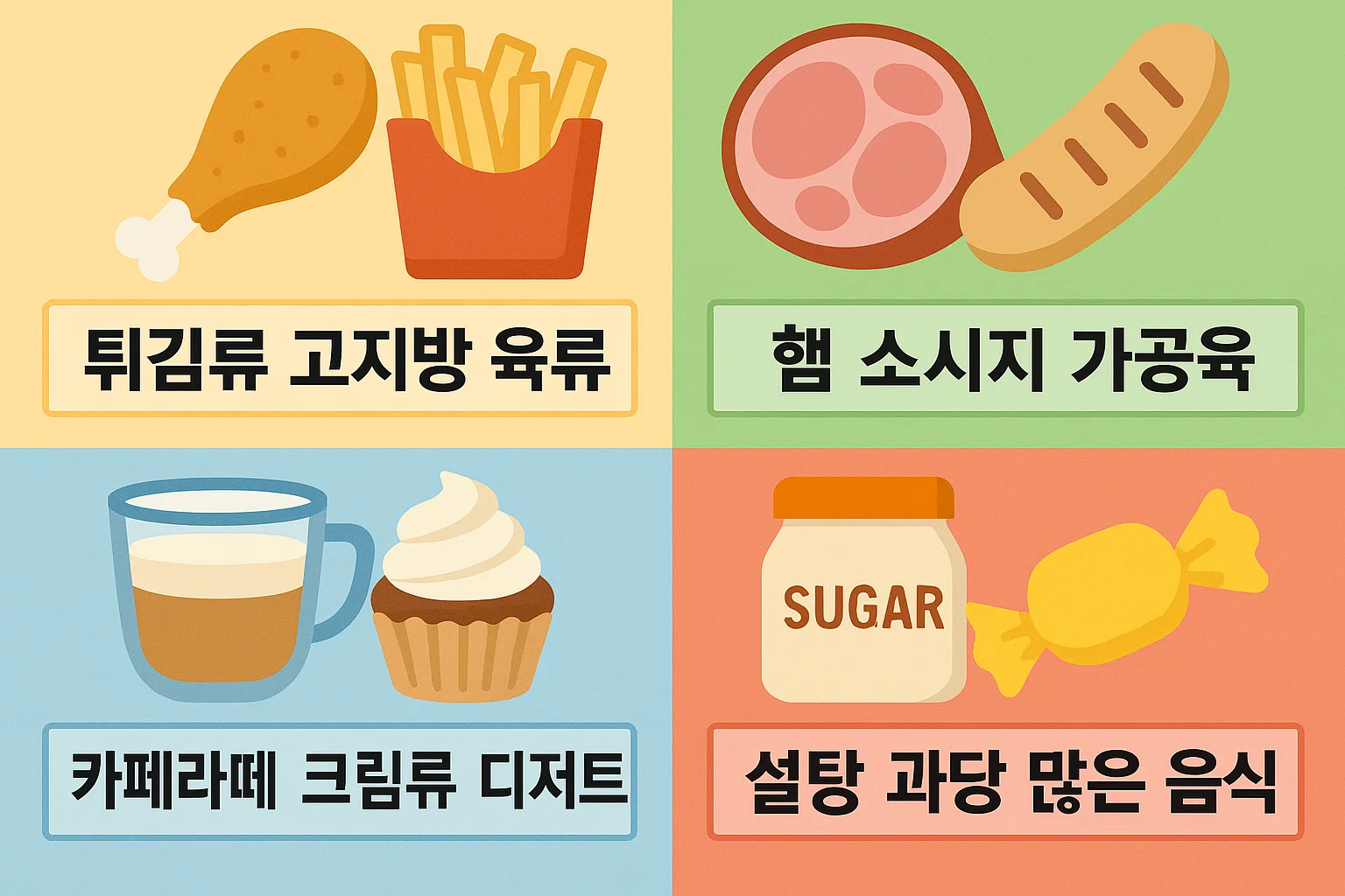 튀김류&middot;고지방 육류&middot;햄&middot;소시지&middot;가공육&middot;크림류 디저트&middot;카페라테&middot;설탕 과다 음식 등 췌장 부담을 높이는 식품을 한눈에 보여주는 인포그래픽 이미지