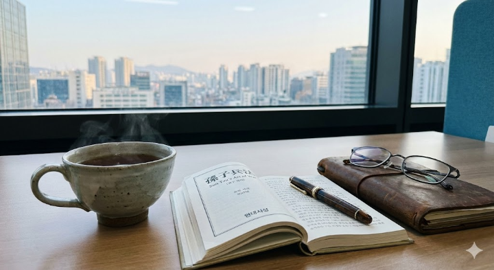 고요한 사무실 책상 위에 놓인 따뜻한 차 한 잔과 손자병법 책