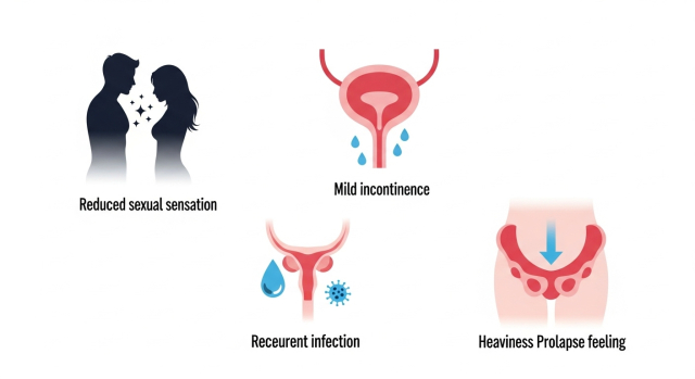 질 이완증에서 흔한 성관계 느낌 변화·요실금·질염·골반 하중감을 아이콘으로 표현한 이미지