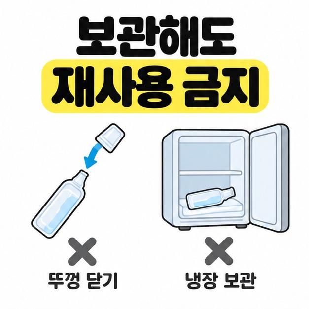 마개를 다시 끼우는 용기와 냉장고에 넣은 용기 아래 엑스 표시를 두어 보관해도 재사용을 금지하는 비교 이미지