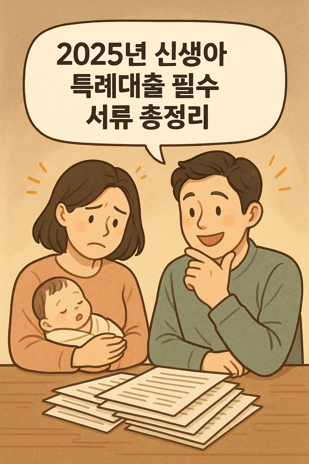 한 손에는 아기를 안고 다른 손으로는 서류 더미를 보며 막막해하는 부부의 모습. 하지만 글 제목을 보고 희망을 얻는 표정