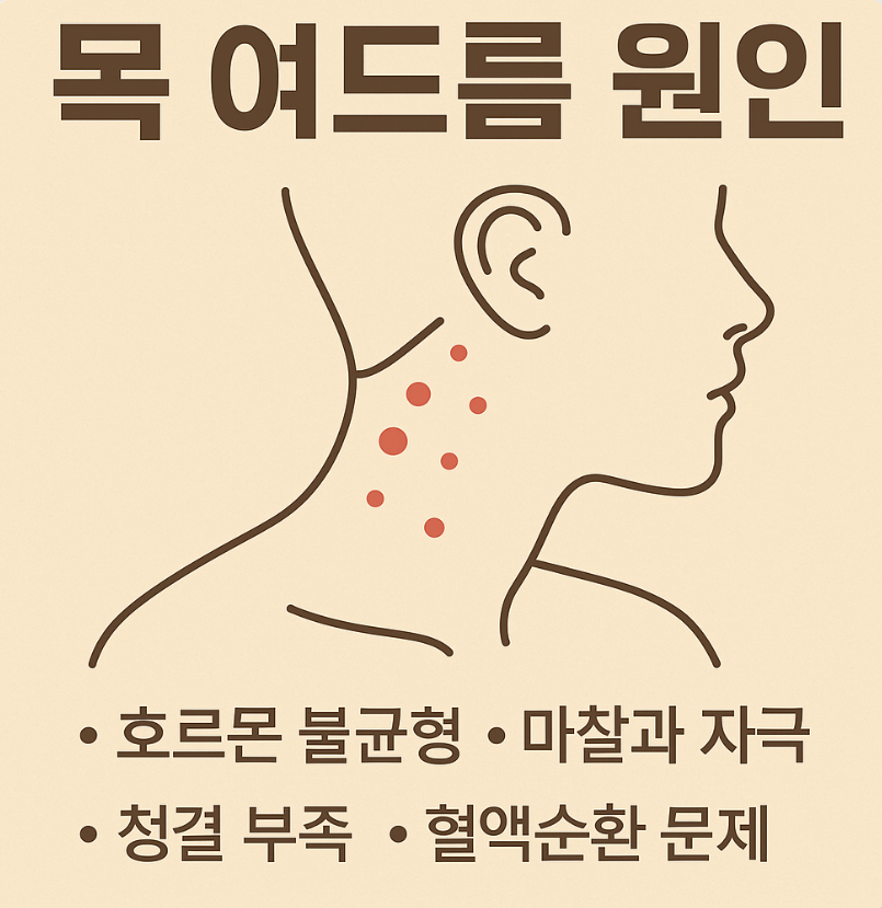 클렌징: 얼굴처럼 목도 꼼꼼히 세안. 샴푸 잔여물 제거 필수.
보습 &amp; 자외선 차단: 목 피부도 보습제를 바르고 자외선 차단제를 사용.
통기성 좋은 옷: 면 소재 추천. 합성섬유는 피하기.
생활습관 개선: 수면 6시간 이상, 스트레스 관리, 당분&middot;지방 섭취 줄이기.
전문 치료: 심한 경우 피부과에서 레티노이드, 살리실산, 항생제 등 처방 치료 필요.