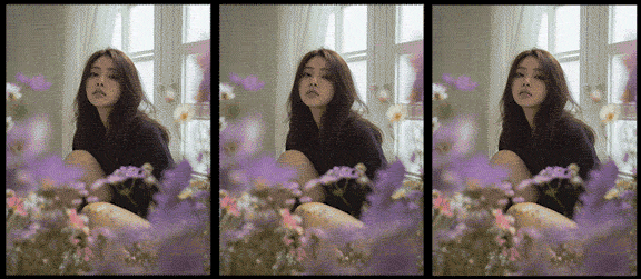 창가 장면에서 전경 꽃에서 인물 얼굴로 초점이 전환되는 랙 포커스 영상_Midjourney