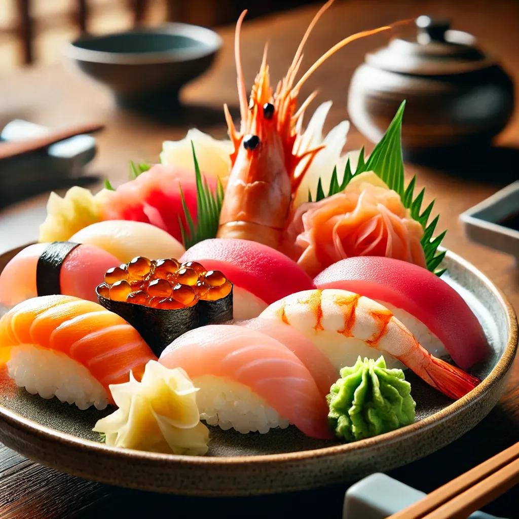 오사카 스시 레스토랑의 접시에 담긴 다양한 생선 스시와 함께 놓인 생강, 와사비, 젓가락