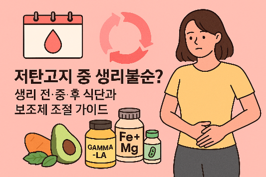 저탄고지 중 생리불순을 겪는 여성이 복부를 감싸고 있으며, 생리 주기 아이콘과 감마리놀렌산, 철분·마그네슘, 유산균 등의 보조제가 함께 배치되어 있다.