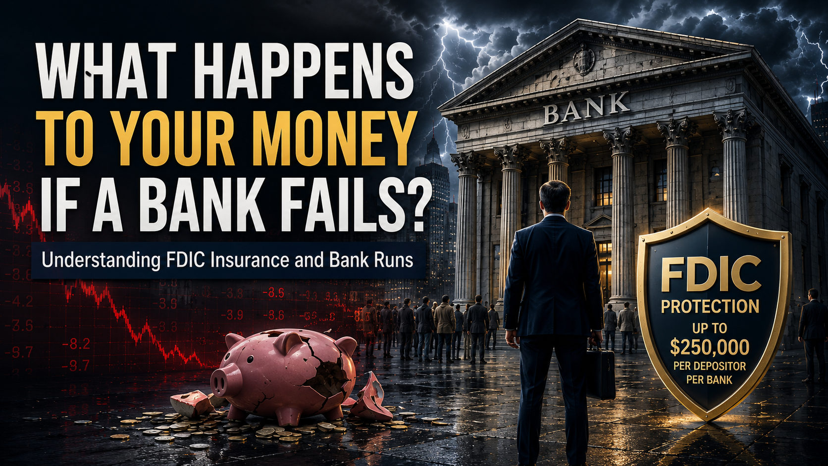 Bank failure and FDIC insurance concept showing a financial crisis, damaged piggy bank, investors, and deposit protection.