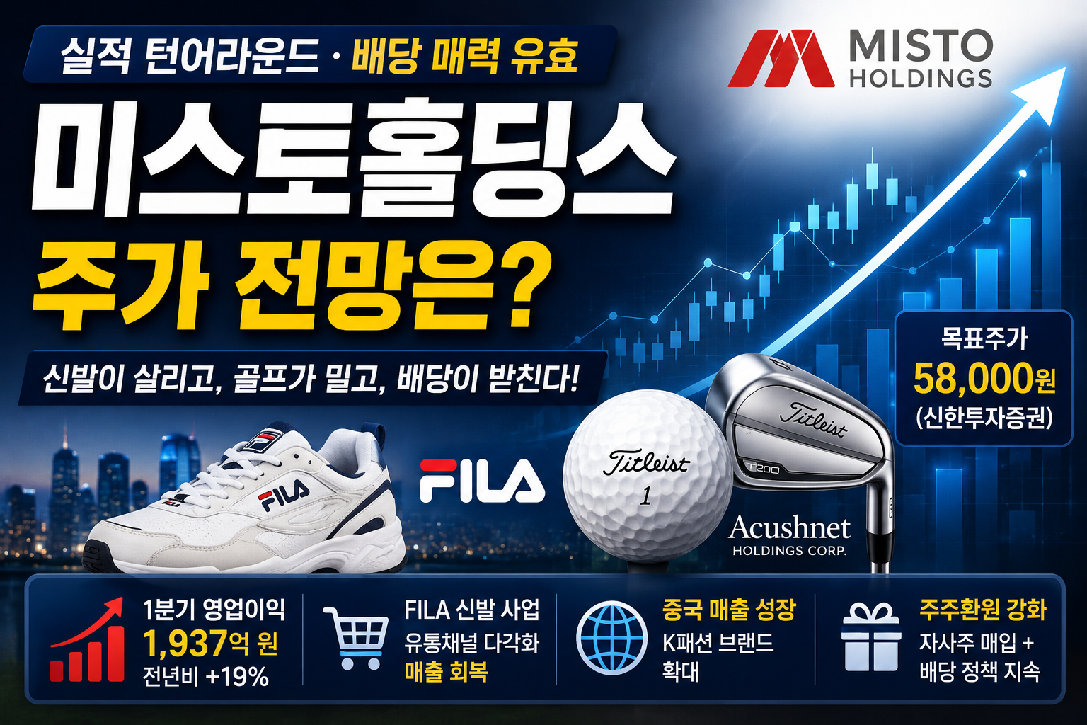 미스토홀딩스 주가 전망을 상징하는 FILA 운동화, 골프공, 상승 그래프, 배당 아이콘이 함께 배치된 투자 분석형 블로그 썸네일 이미지