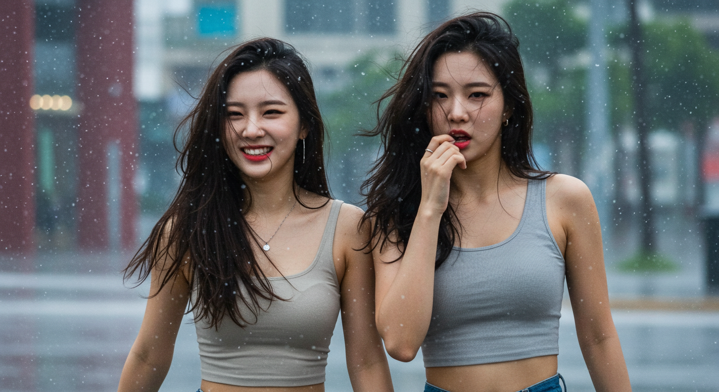 태풍속에 서있는 여성들