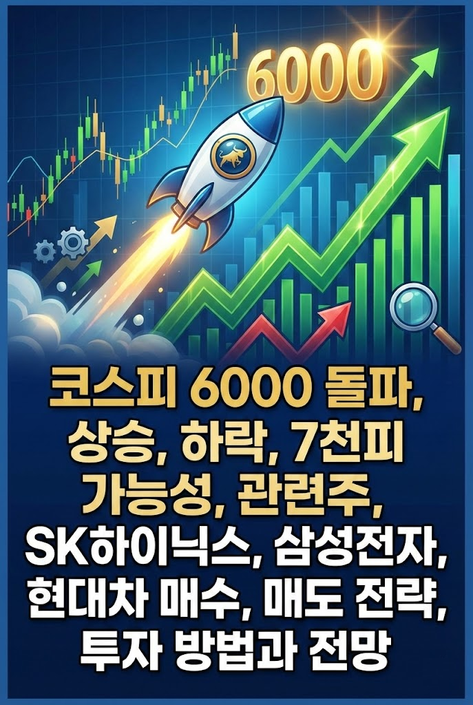 코스피 6000 돌파, 상승, 하락, 7천피 가능성, 관련주, SK하이닉스, 삼성전자, 현대차 매수, 매도 전략, 투자 방법과 전망