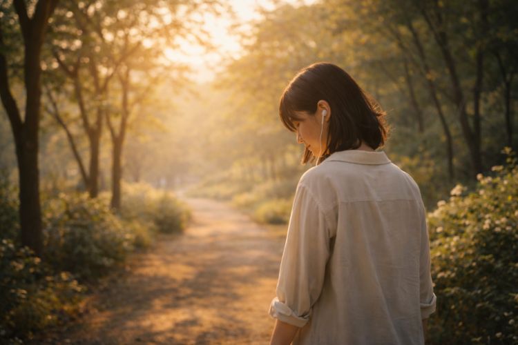 공원에서 산책하며 마음을 회복하는 모습