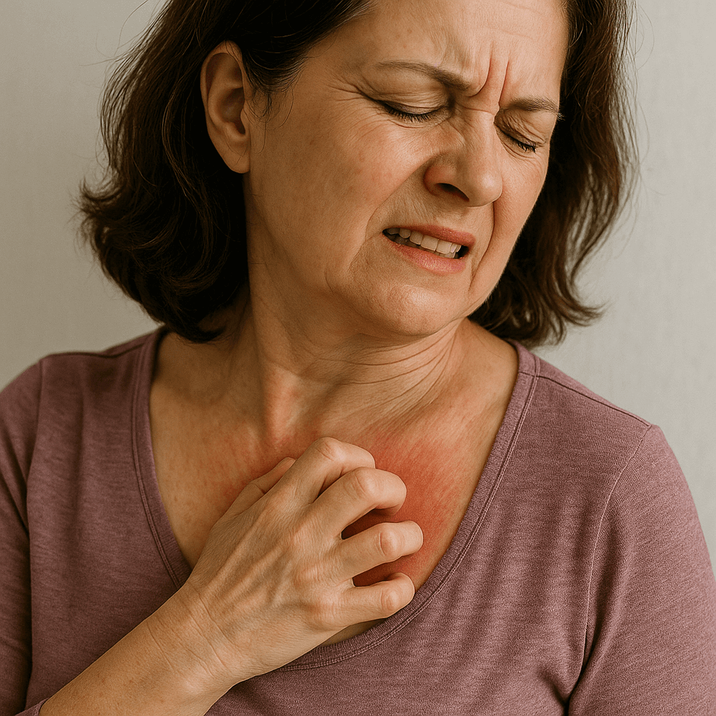 피부가려움증으로 고통스러워하는 중년여성의 모습