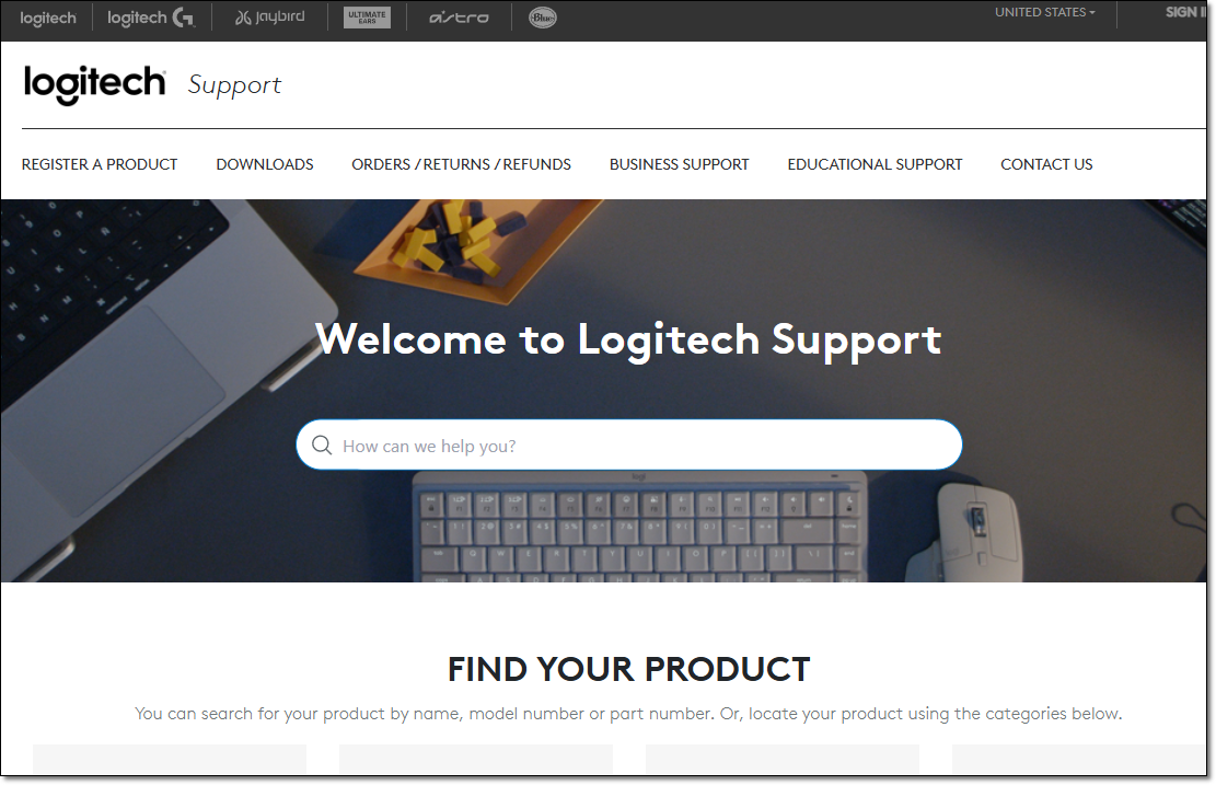 로지텍 지원 페이지, 검색창, 상단 메뉴, 제품 찾기 안내