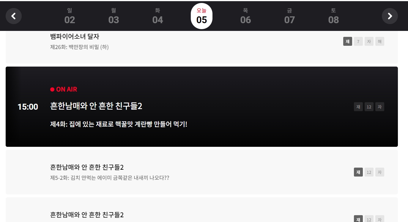 날짜와 시간대별로 방영되는 프로그램 이름이 나열된 편성표 화면