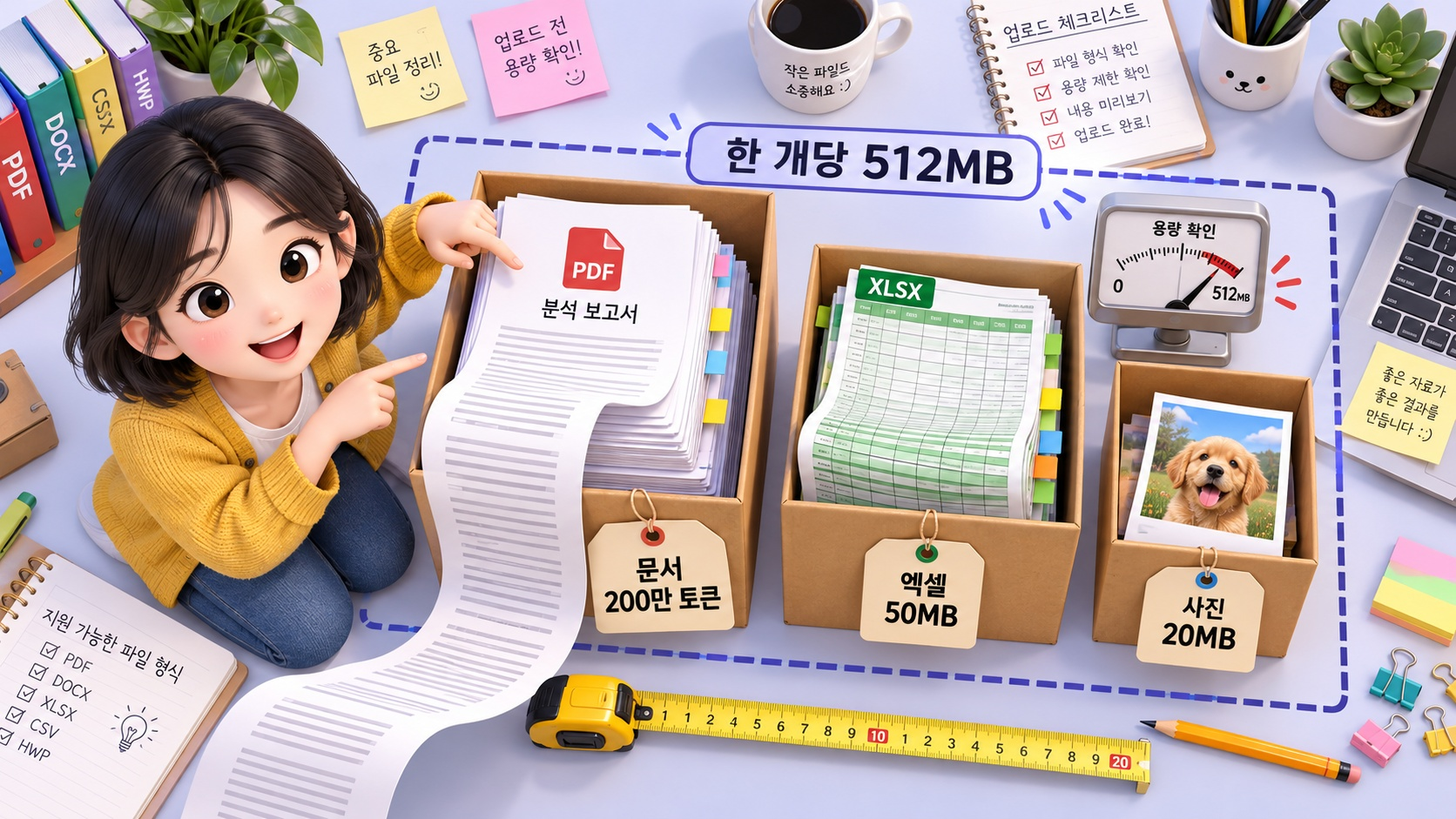 용량이 다른 세 파일을 크기별 상자에 나눠 담는 캐릭터