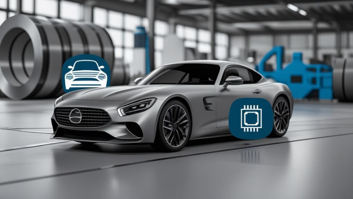 관세 부과로 피해를 입을 가능성이 있는 자동차, 철강, 반도체 산업을 보여주는 이미지