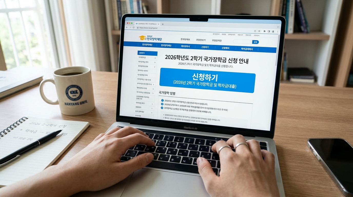 한국장학재단 누리집에 접속하여 주거안정장학금을 온라인으로 신청하는 과정.