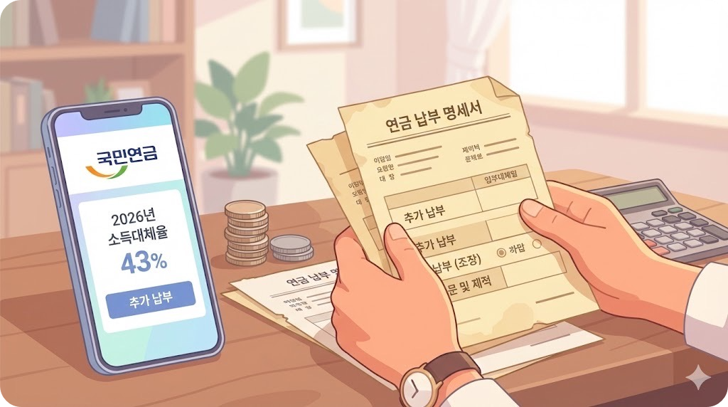 국민연금 추납 제도를 알아보기 위해 과거 서류와 모바일 앱을 확인하는 모습