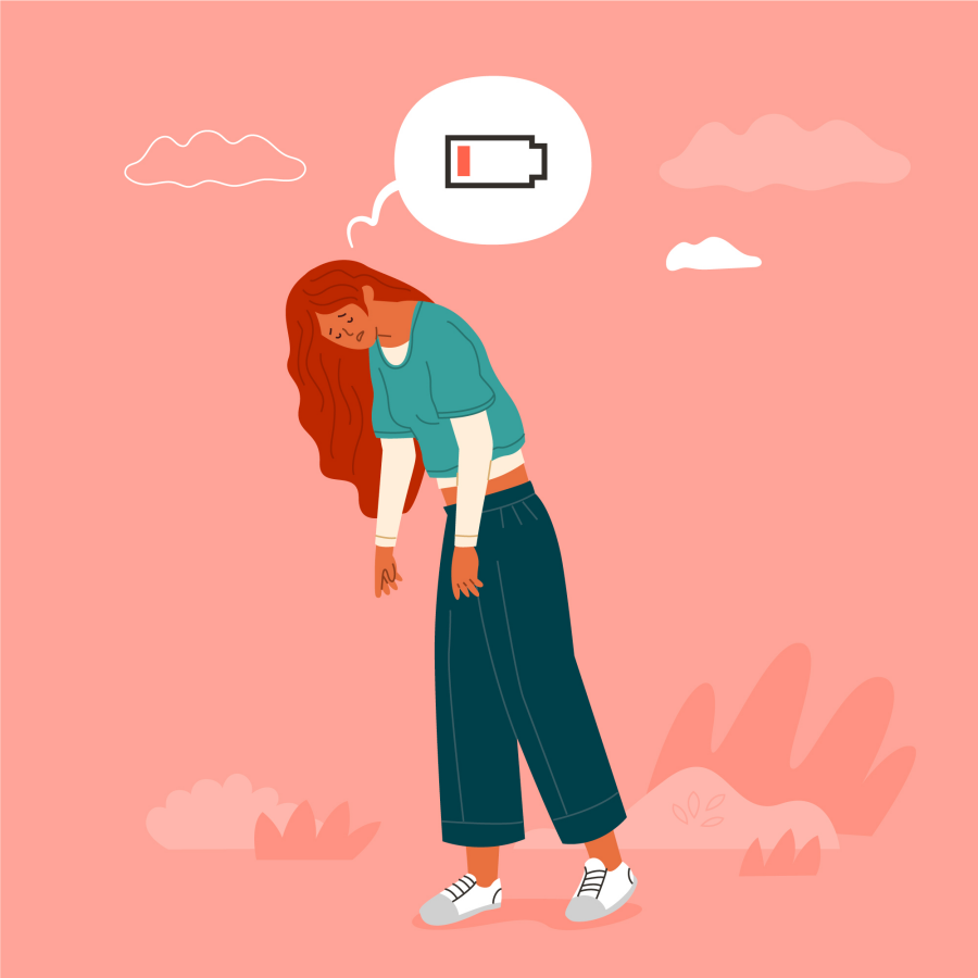 체력이 떨어진 듯 힘없이 축 처진 자세로 피로를 느끼는 여성의 모습