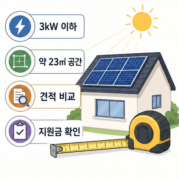 태양광 설치 전 지붕 일조 조건과 약 23㎡의 공간, 지원금과 업체 견적을 확인하는 모습을 보여주는 그림
