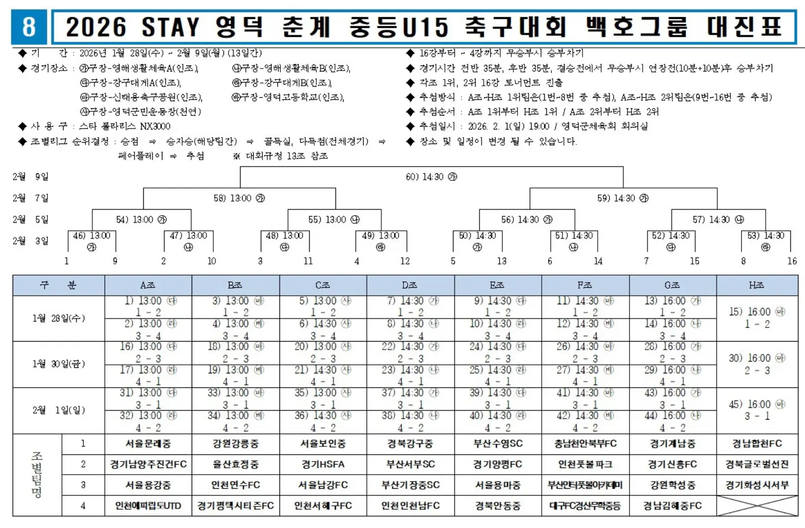 2026 STAY 영덕 계 U15 축구대회 백호그룹 조 편성 및 대진표