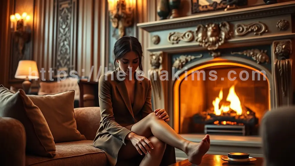 한 여성이 따뜻한 벽난로 앞에 앉아 있는 모습.