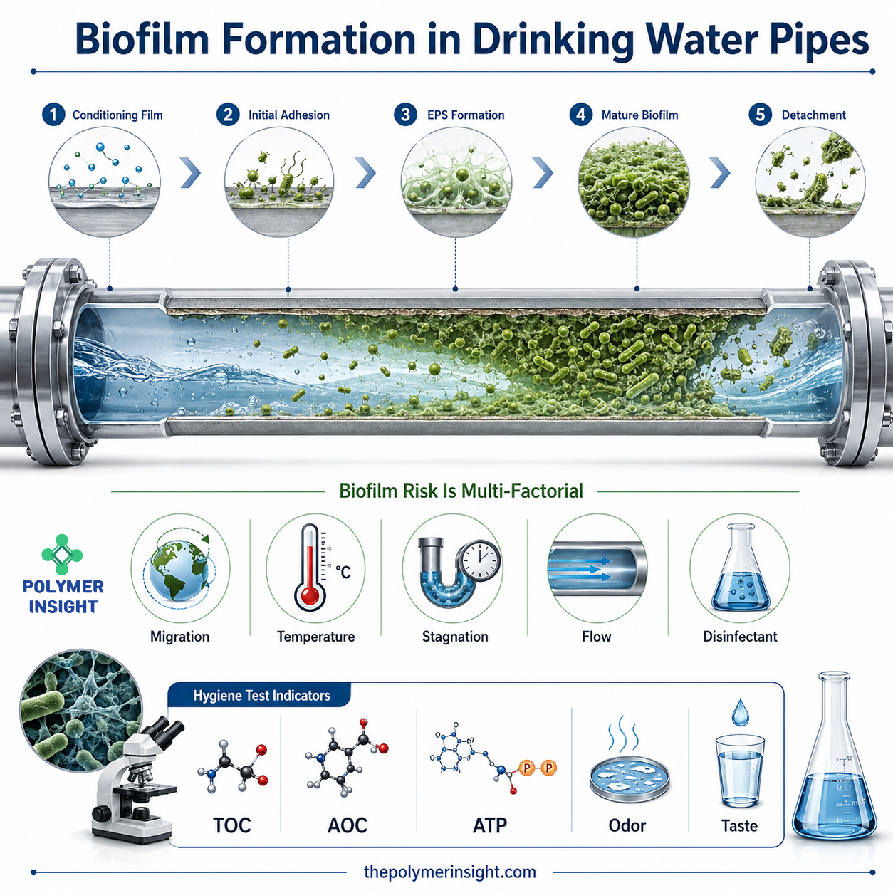 음용수 파이프의 초기 미생물 부착부터 EPS와 성숙 Biofilm 형성까지의 단계와 TOC&middot;AOC&middot;ATP 관계