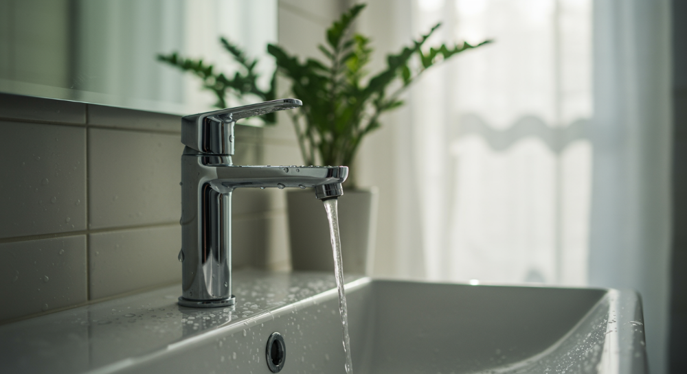 깔끔하고 현대적인 디자인의 욕실, 빛나는 스테인리스 수도꼭지와 흰색 세면대가 위생적이고 상쾌한 느낌을 줍니다.