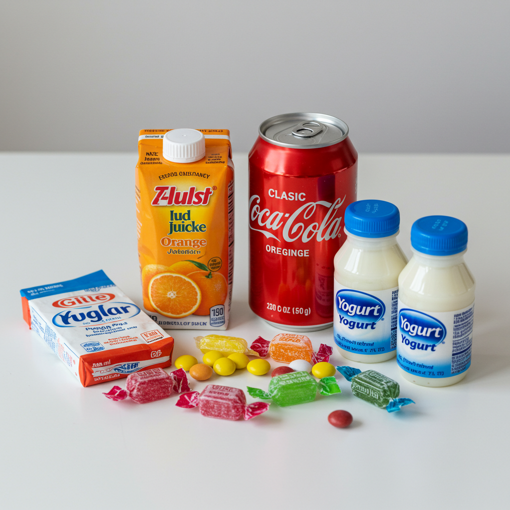 편의점에서 쉽게 구할 수 있는 저혈당 응급 간식인 오렌지 주스, 일반 콜라, 요구르트, 사탕 등이 흰 테이블 위에 깔끔하게 정렬된 이미지.