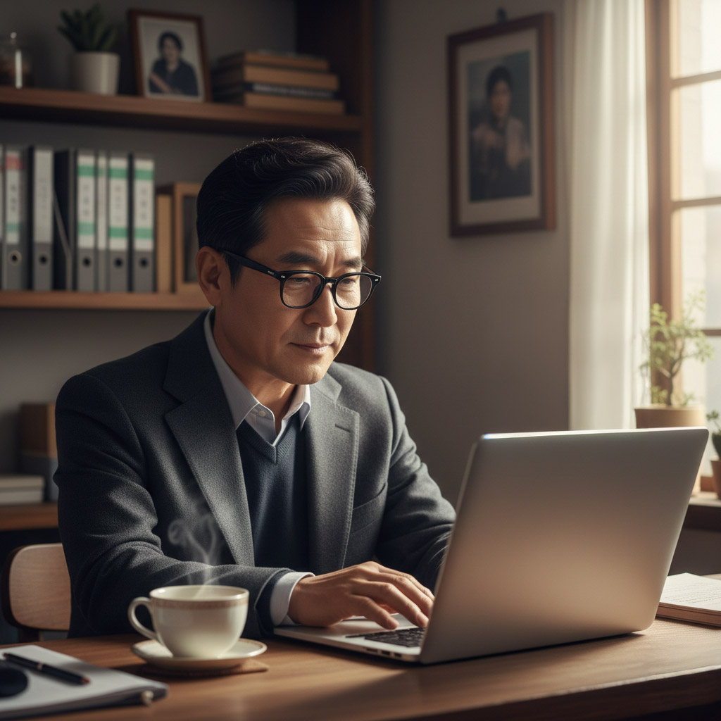 노트북을 확인하는 60대 사장님