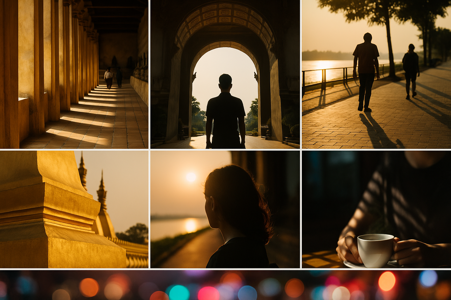 비엔티안 강변 보행로에서 해 질 녘 보행자들이 옆빛을 받아 긴 그림자를 남긴다. 바닥 텍스처가 선명하고, 낮은 난간 너머로 강이 은은히 빛난다. 고층 건물과 어지러운 간판은 보이지 않는다.