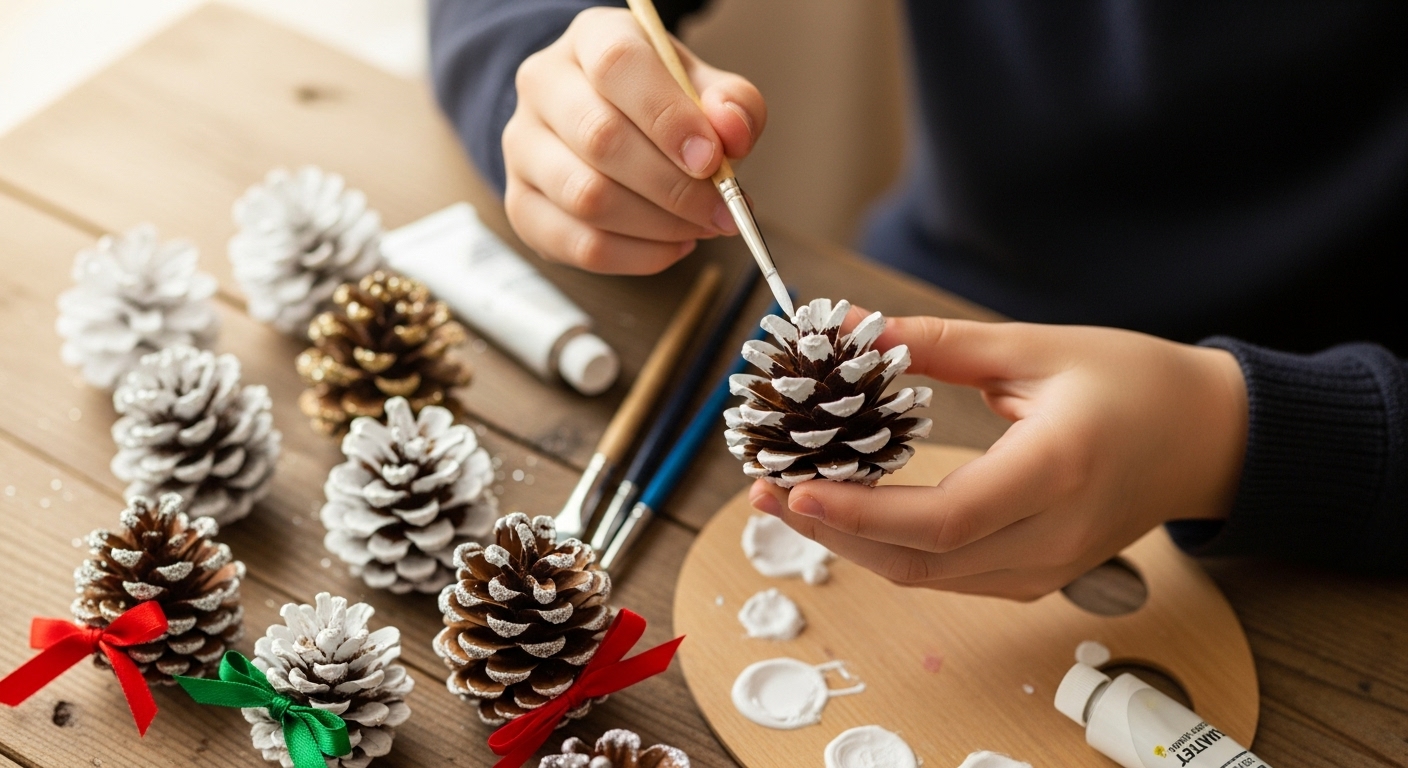 8-10세 정도의 아이가 솔방울에 하얀 물감을 칠해 눈 내린 크리스마스 장식을 만들고 있는 모습.