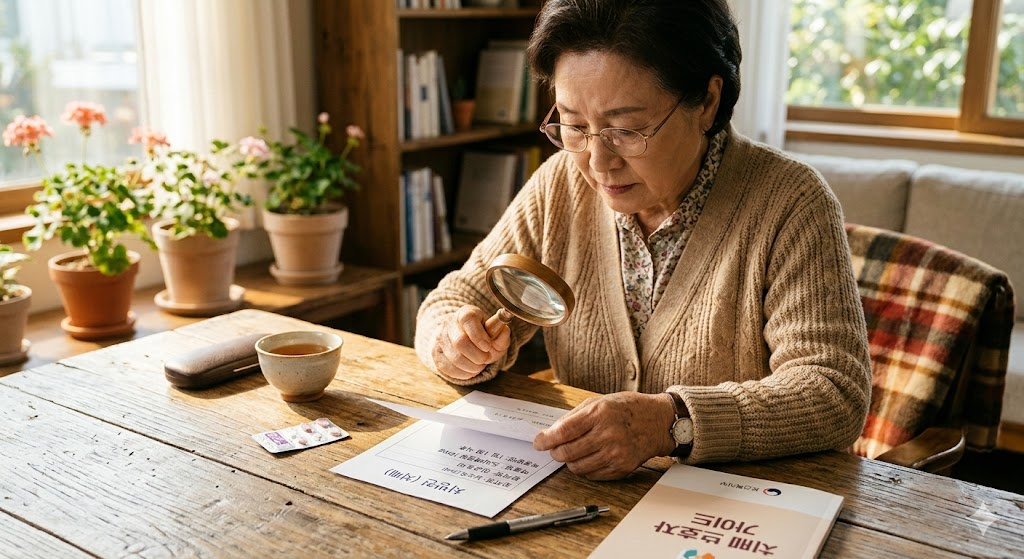 치매 처방전과 돋보기가 놓인 따뜻한 분위기의 보호자 가이드 이미지