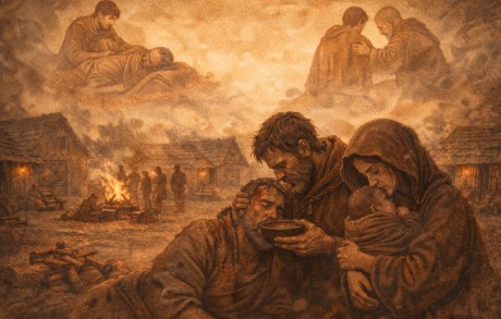 공동체 안에서 몸이 약해진 사람을 돌보고 아이를 안고 있는 모습이 함께 어우러진 장면으로, 돌봄이 일상처럼 이어지는 분위기를 표현한 사집입니다.