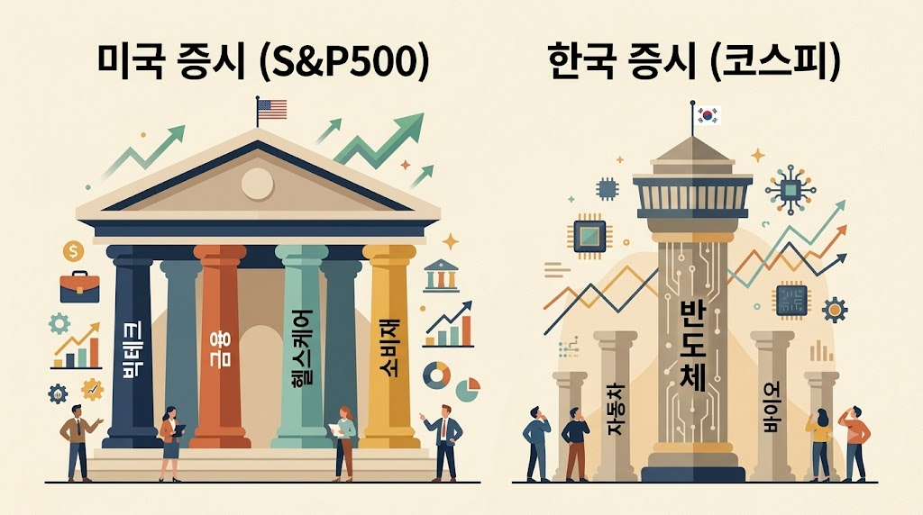 빅테크, 금융, 헬스케어, 소비재 네 개의 기둥이 받치고 있는 미국 증시 건물과 거대한 반도체 기둥 하나가 지탱하고 있는 한국 코스피 건물을 한글로 비교한 인포그래픽