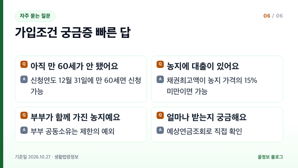 농지연금 가입조건 자주 묻는 질문 만 60세 근저당 부부 공동소유 예상연금조회 답변 요약