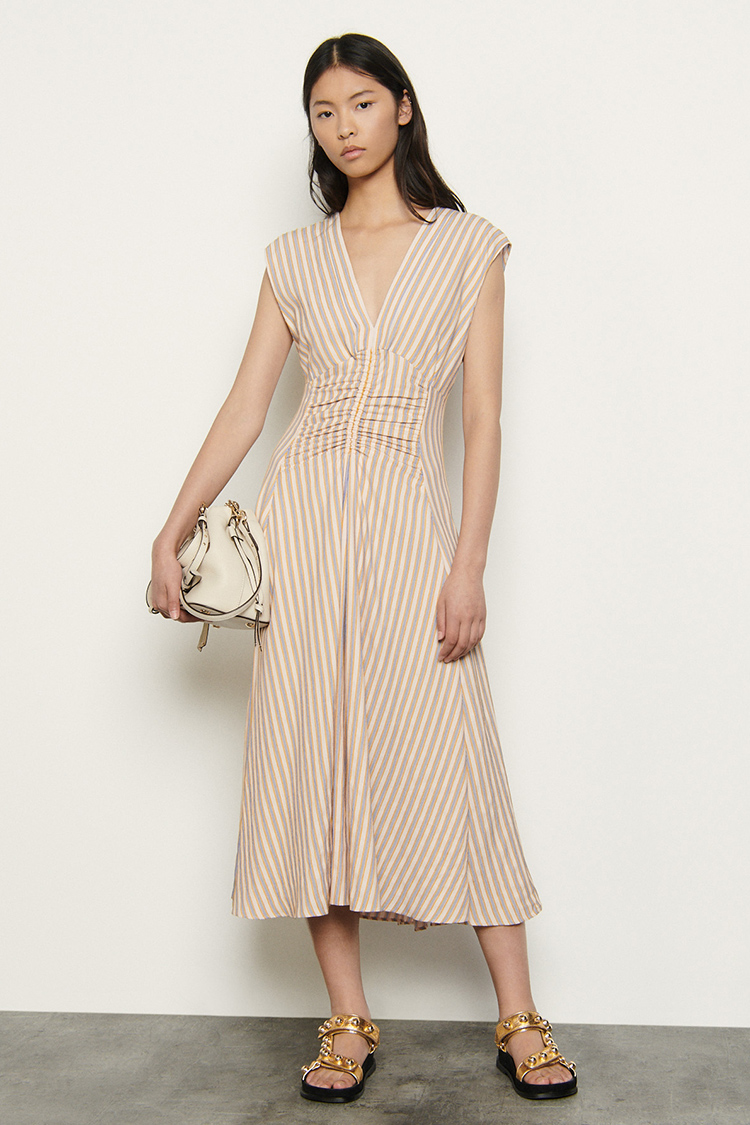 SANDRO 산드로 (창고정리) 비스코스 혼방 스트라이프 셔링 브이넥 롱 맥시 원피스