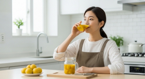 밝은 주방에서 매실청 즐기는 사람