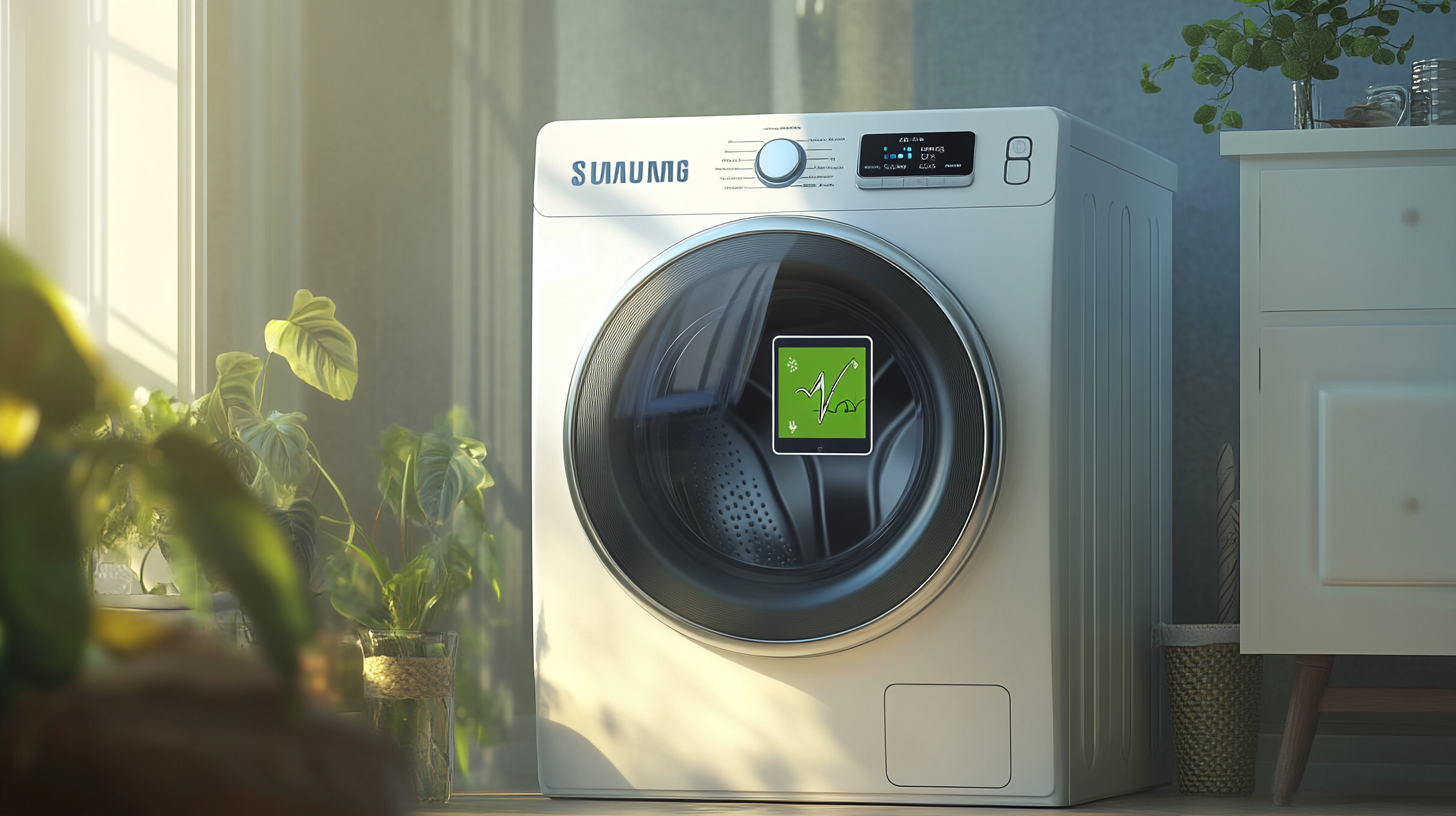 삼성 세탁기가 스마트홈 앱과 연결되어 에너지 소비를 모니터링하고 있는 장면. 친환경 기술 요소를 통해 지속 가능한 세탁 솔루션을 제공합니다.