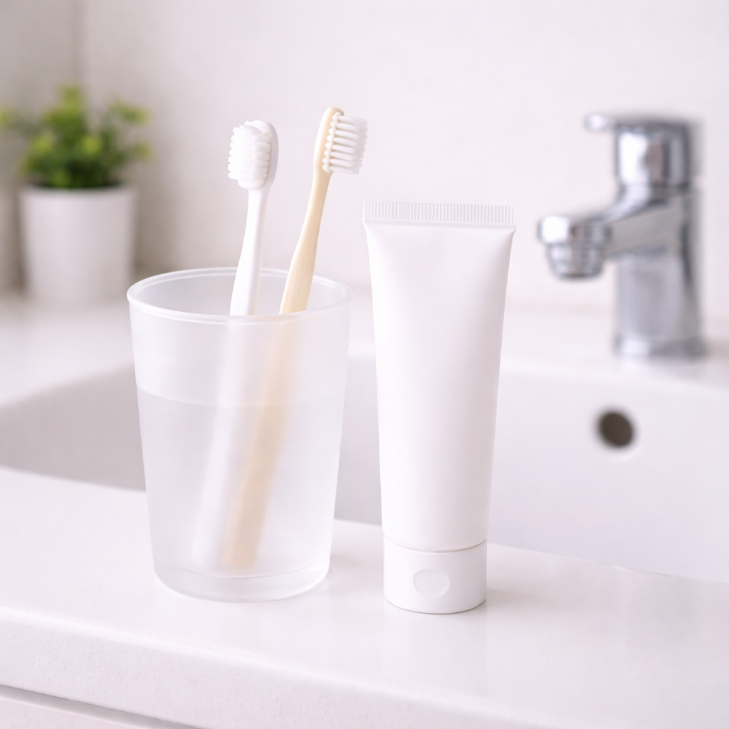 크론병에서 동반될 수 있는 입안 궤양을 구강 관리 정물로 은유한 이미지